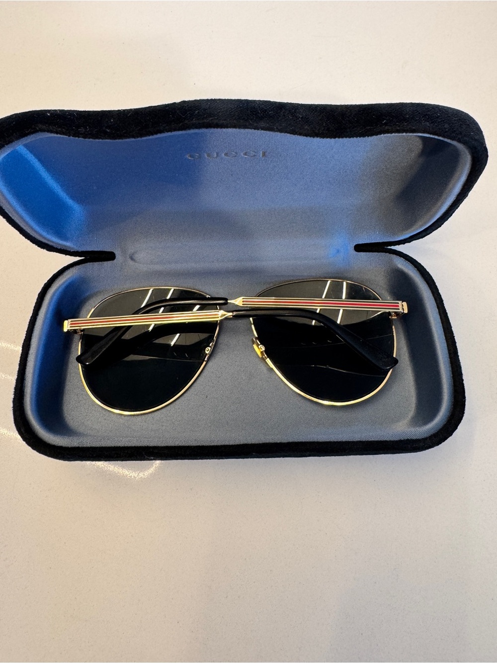Gucci Gold Frame Aviator Sunglasses with Black Lenses and Red-Green Stripe